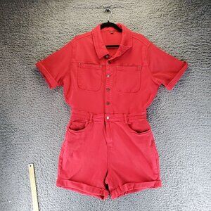Judy Blue Romper Womens 2XL Red Short-Sleeve Button-Front Utility Pockets Belt